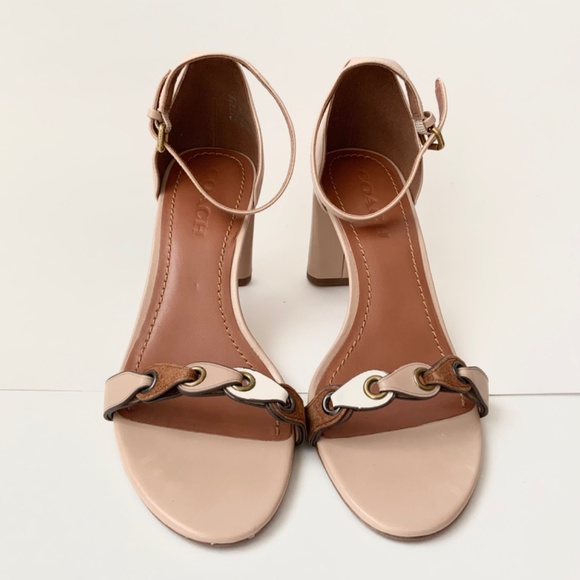 Coach Link Nude Tan Leather Ankle Strap Heel Sandals Block Heel Pump Shoes 8.5 - Picture 6 of 14
